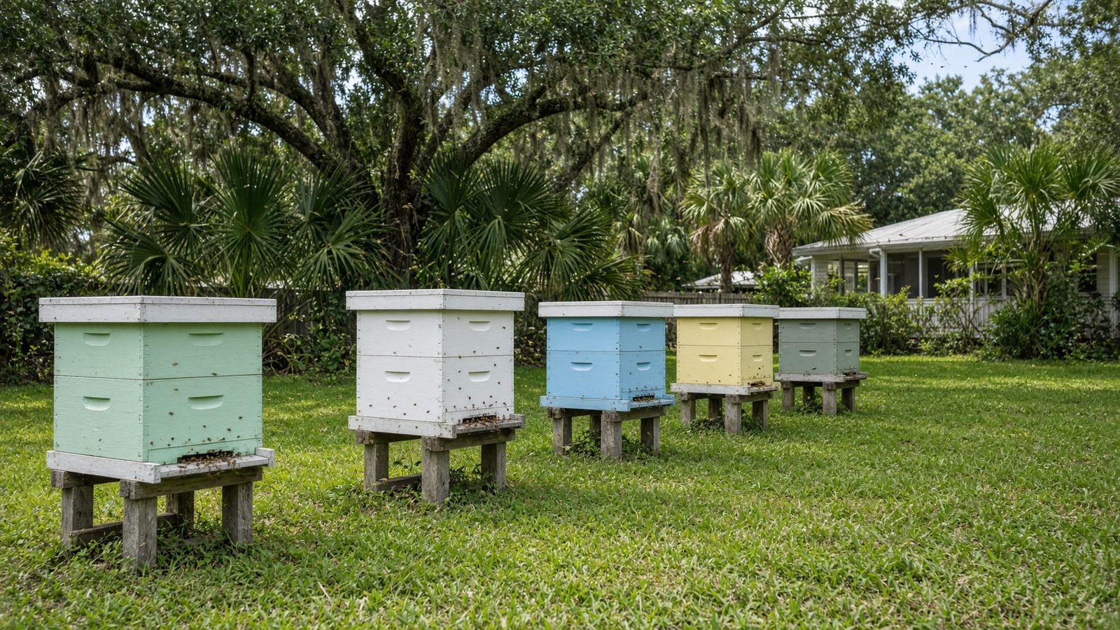 The bee yard at Rustin Farms, hives in the Florida homestead