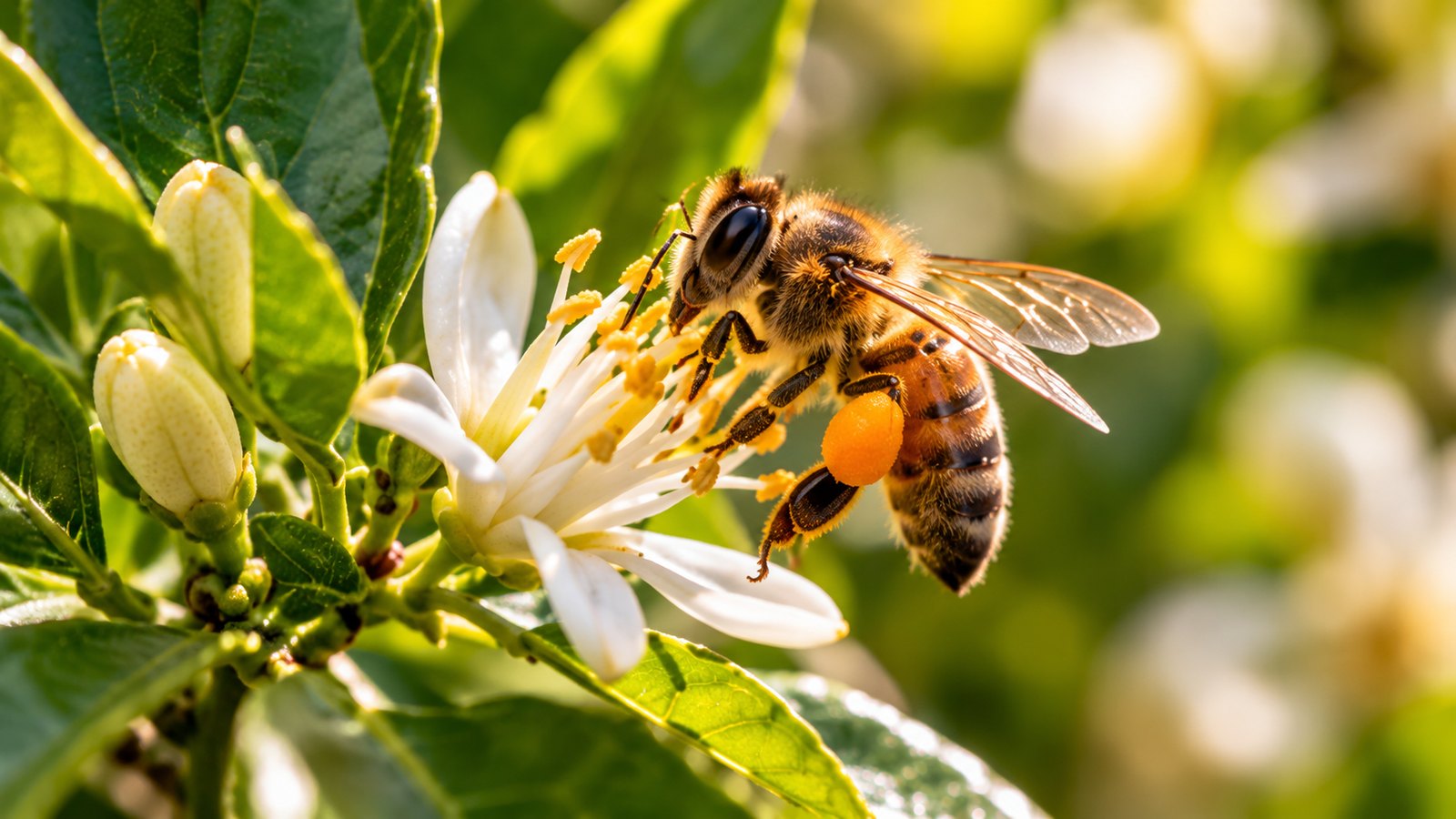 A honey bee foraging on a white flower