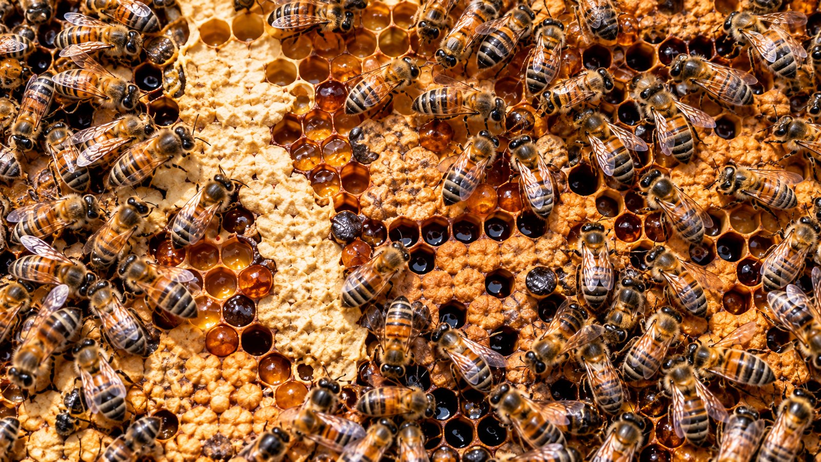 Honey bees on comb, with brood, nectar and capped cells