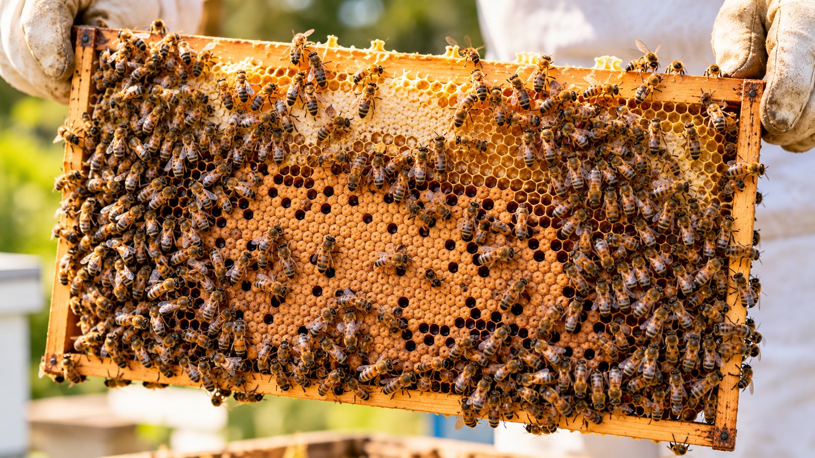 A beekeeper holding a frame covered with honey bees