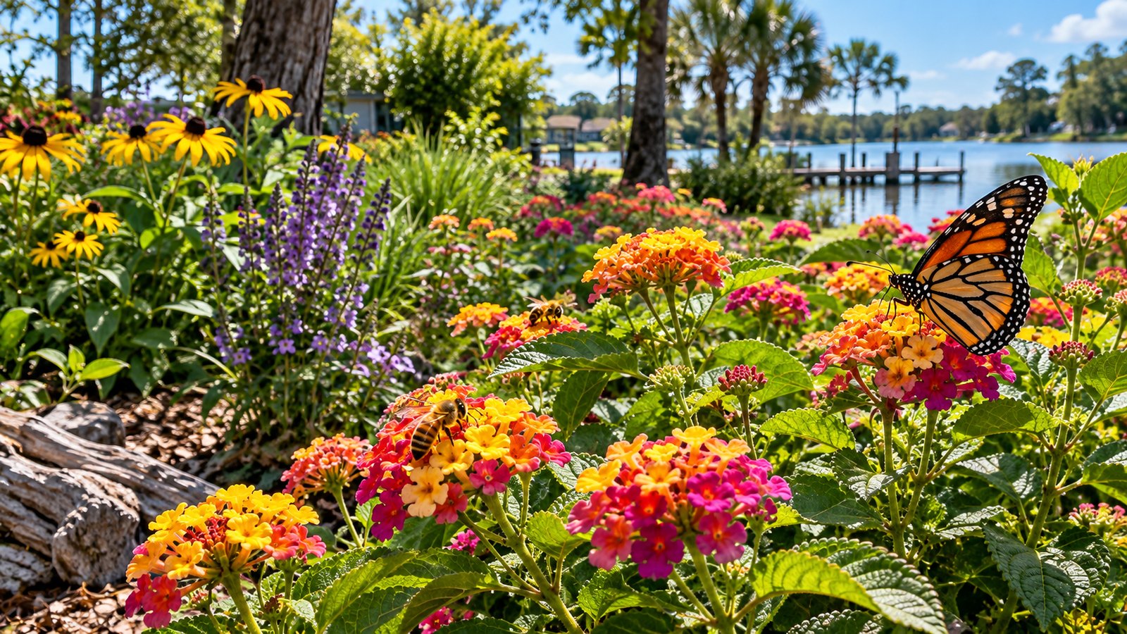 Pollinator garden by the lake, with flowers, honey bees and a butterfly