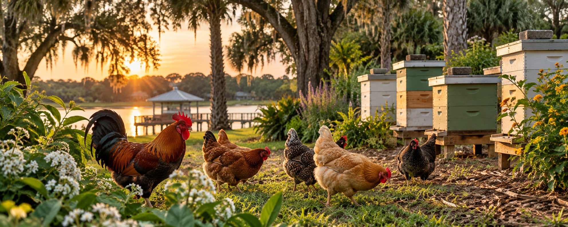 Rooster and chickens beside the beehives at Rustin Farms, with the lake behind them