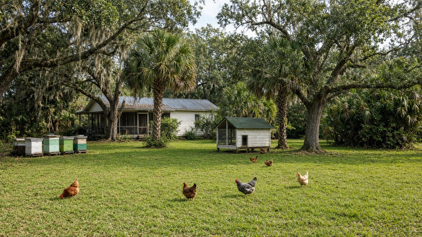 Chickens, the coop, and the bee yard at Rustin Farms