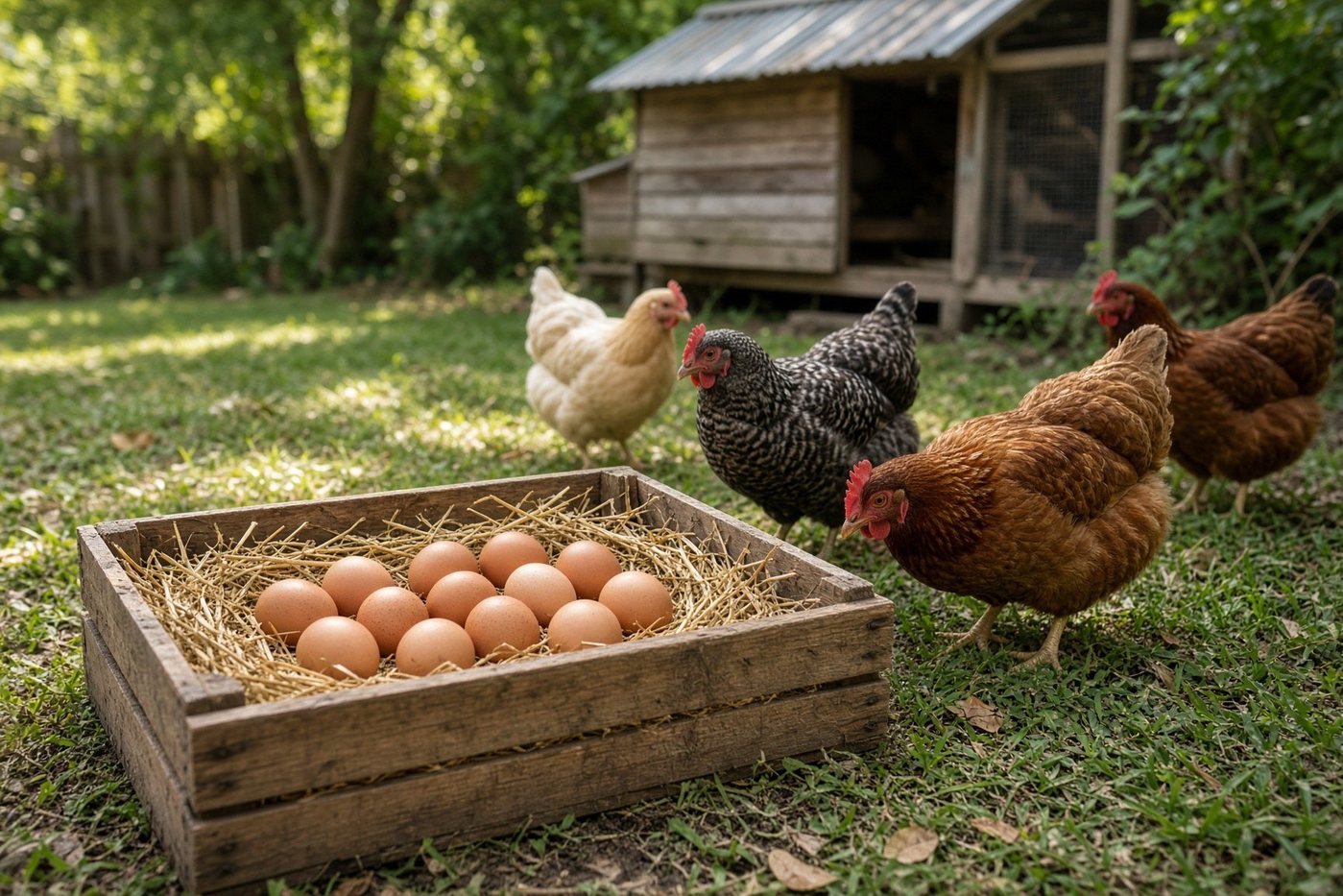 Farm eggs in a crate with backyard hens in the yard